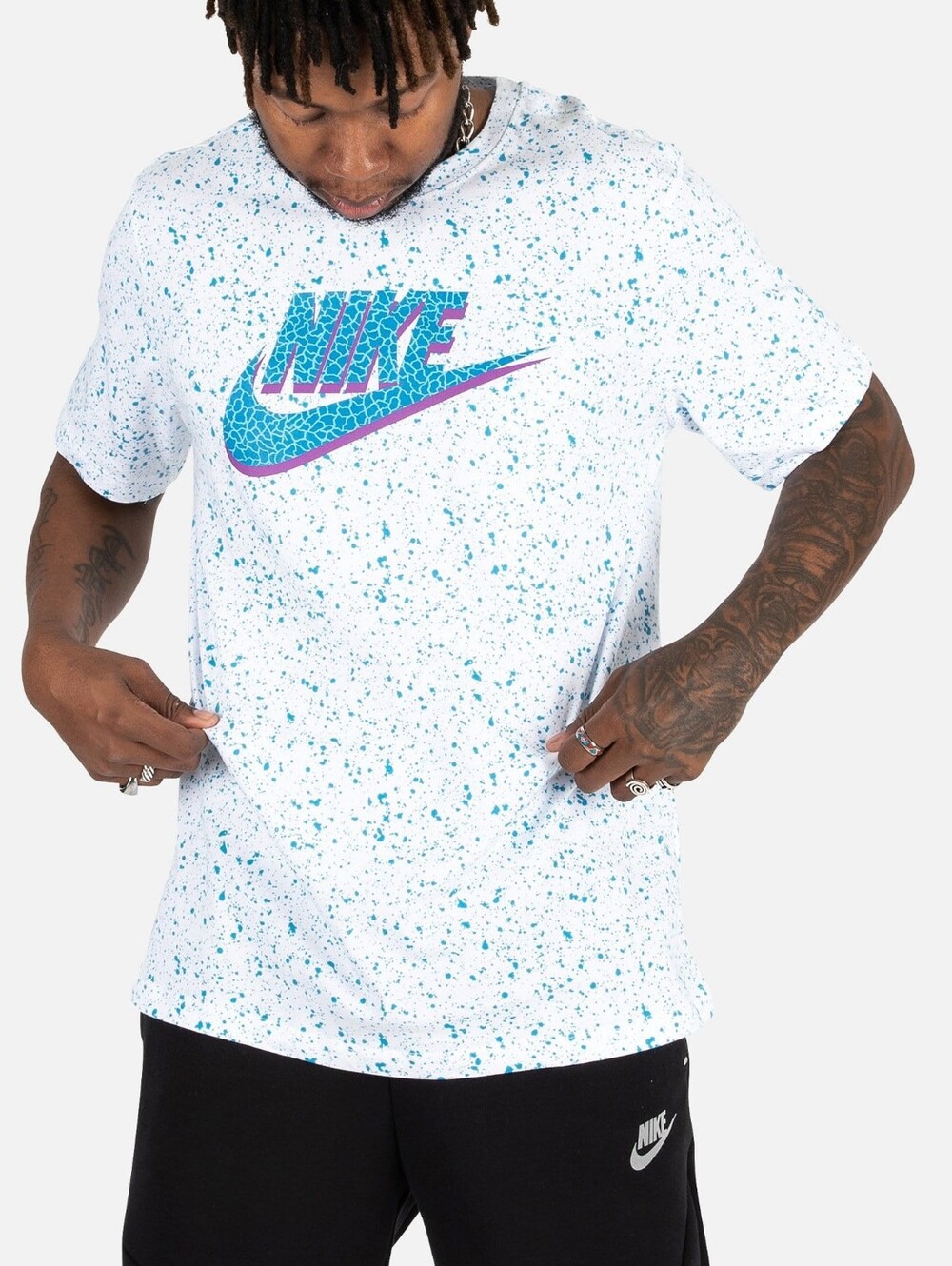 Nike White Speckle Tee with Teal and Purple Logo